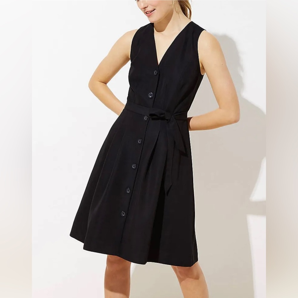 Loft - Button-Front Midi Dress in Black, Size 10